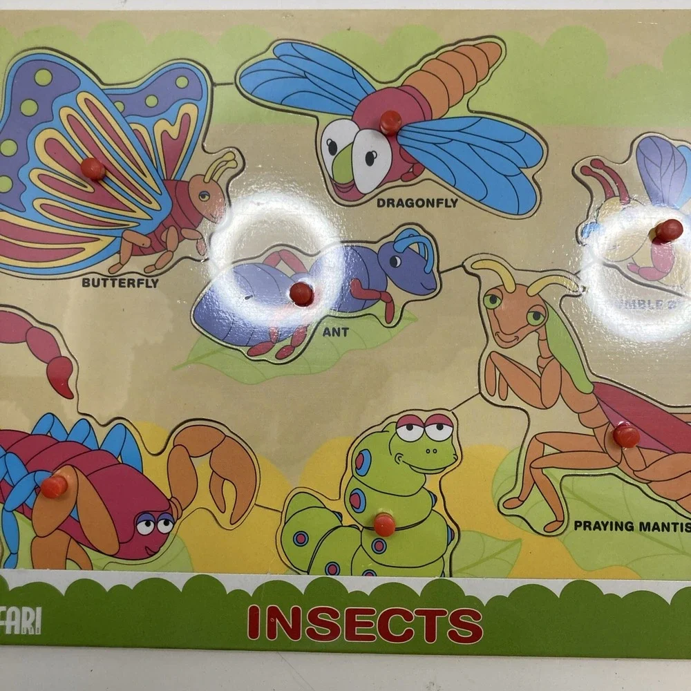New Safari Insect‎ Wooden Chunky 7 Piece Toddler Puzzle With Pegs 11.75